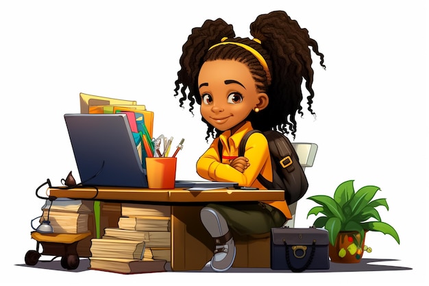 Ilustración de dibujos animados de una niña africana con uniforme escolar sentada en una mesa escolar