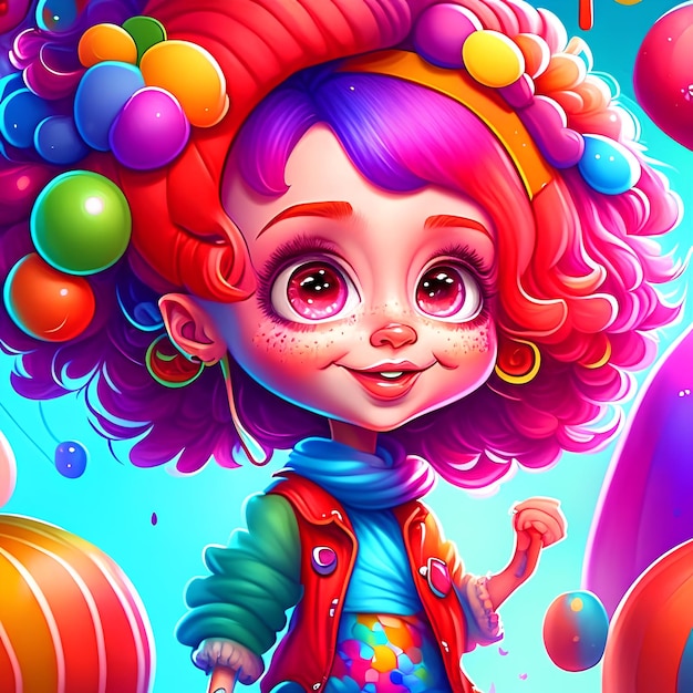 Una ilustración de dibujos animados de una niña con globos de colores