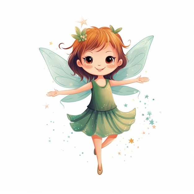 Ilustración de dibujos animados de una niña pequeña vestida con un vestido verde y una corona de estrellas ai generativa