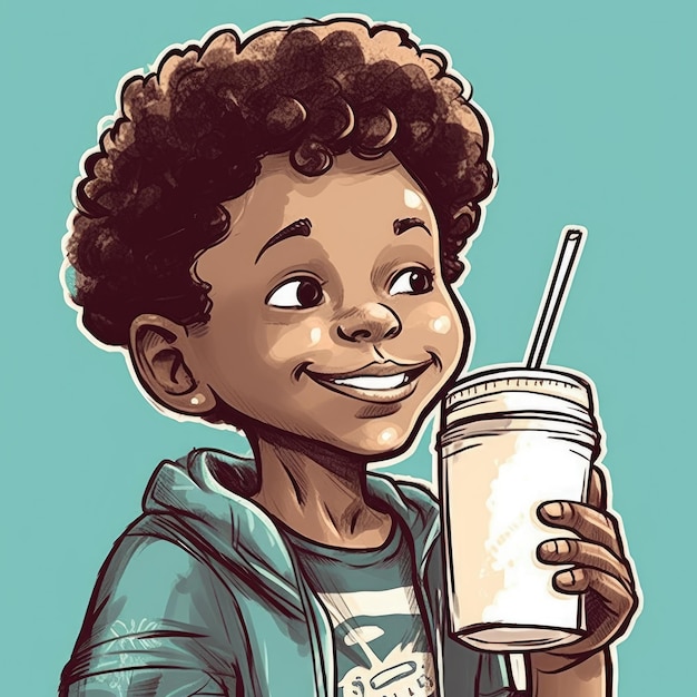 Ilustración de dibujos animados de niño bebiendo leche con ai generativo