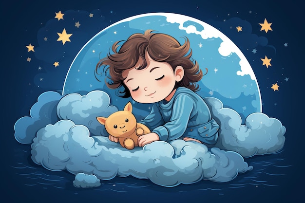 Ilustración de dibujos animados de un niño durmiendo en una nube con un osito de peluche