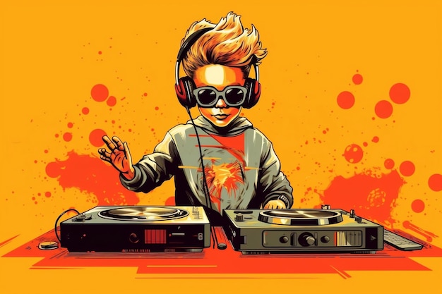 Ilustración de dibujos animados de un niño genial DJ Generative Ai