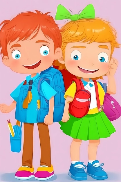 Foto una ilustración de dibujos animados de un niño y una niña con mochilas y mochilas.