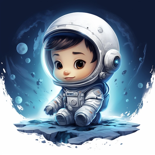 Ilustración de dibujos animados de un niño pequeño en un traje espacial sentado en un ai generativo de roca