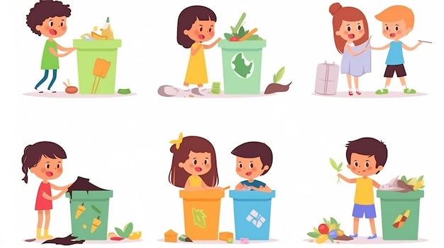 Una ilustración de dibujos animados de niños con botes de basura y un bote de basura verde.