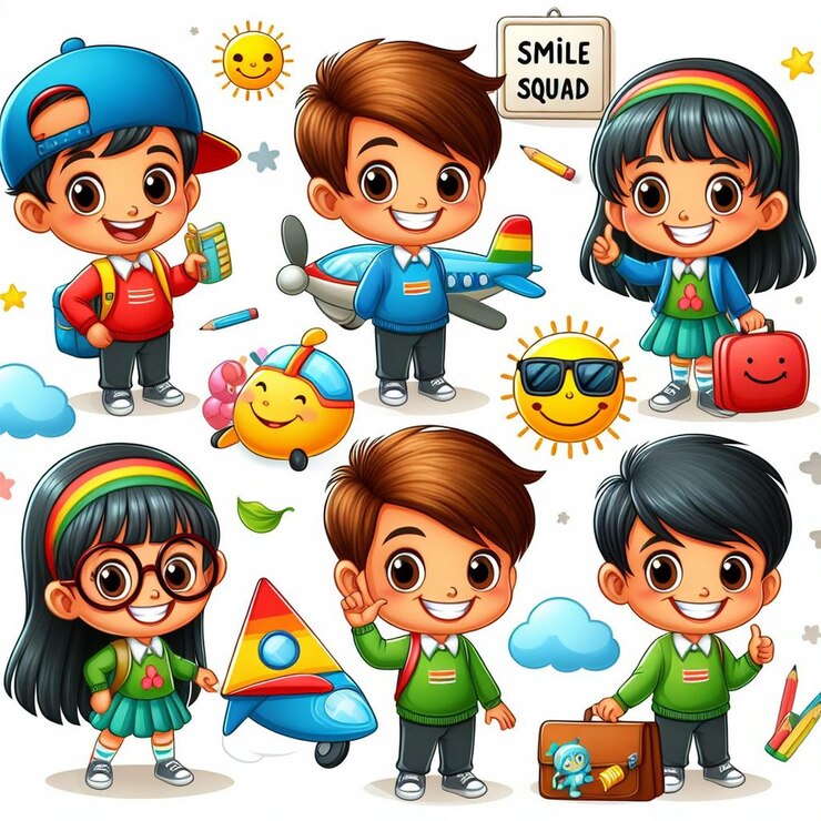 Foto una ilustración de dibujos animados de niños con diferentes personajes, incluido uno que dice sonrisa
