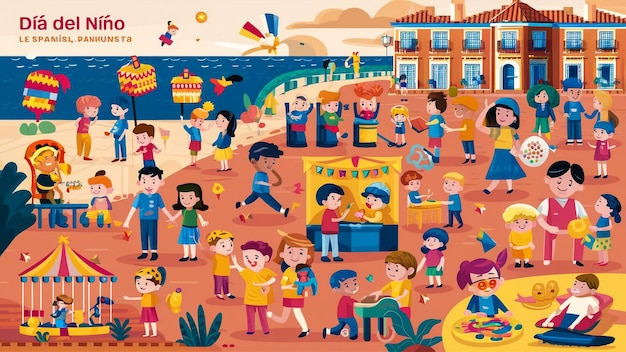 una ilustración de dibujos animados de niños jugando en un área de juegos para niños
