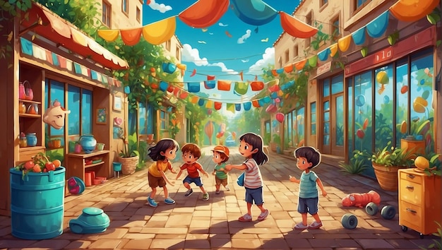 Ilustración de dibujos animados de niños jugando en una calle con un personaje de dibujo animado