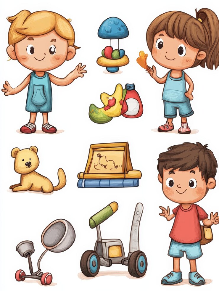 Foto ilustración de dibujos animados de niños y juguetes