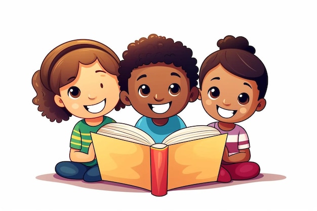 Foto una ilustración de dibujos animados de niños leyendo un libro con las palabras niños en la parte inferior