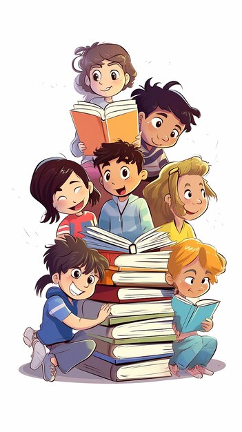 Ilustración de dibujos animados Niños leyendo libros niños