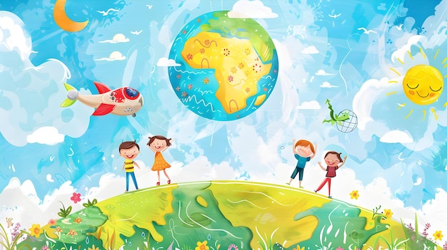 una ilustración de dibujos animados de niños y el mundo con las palabras "el mundo"