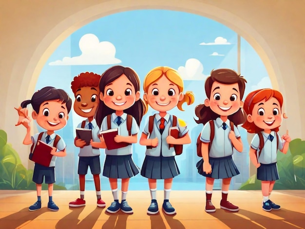 una ilustración de dibujos animados de niños sosteniendo libros con la palabra escuela escrita en él