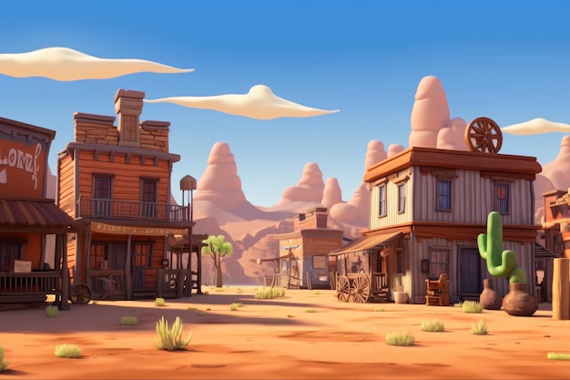 Ilustración de dibujos animados de Old West Town con calle vacía Ilustración de estilo 3D