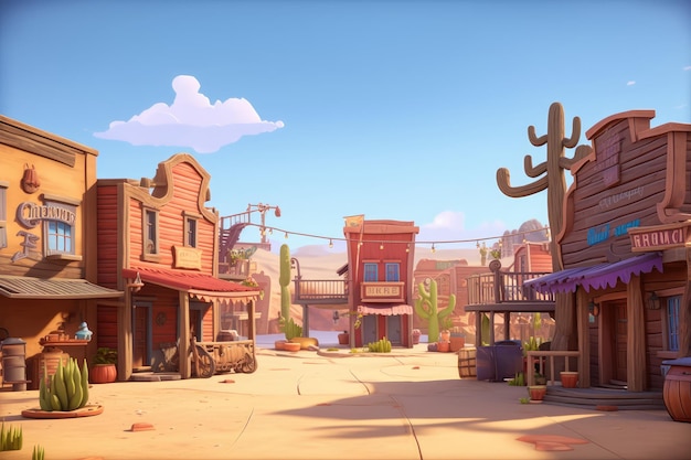 Foto ilustración de dibujos animados de old west town con calle vacía ilustración de estilo 3d