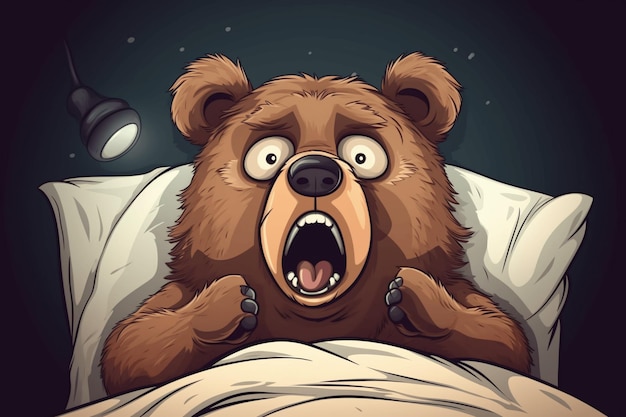 Ilustración de dibujos animados El oso pequeño se despertó en la cama por la noche