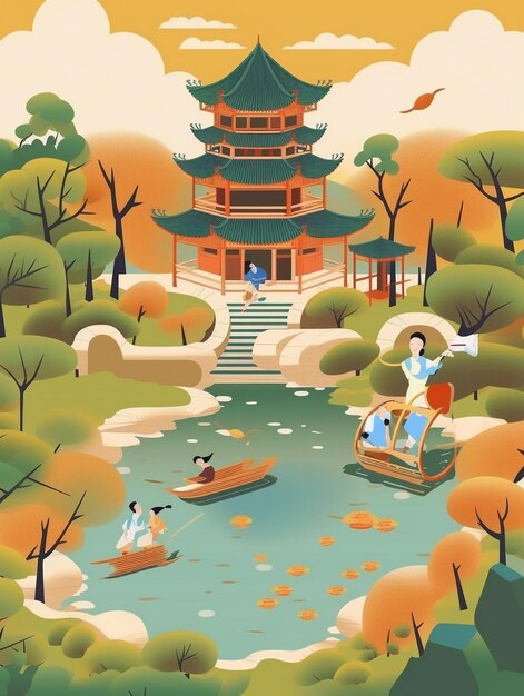 una ilustración de dibujos animados de una pagoda con un par de barcos de remo.