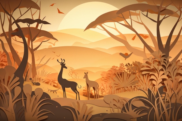 Una ilustración de dibujos animados de un paisaje con un ciervo y una jirafa.