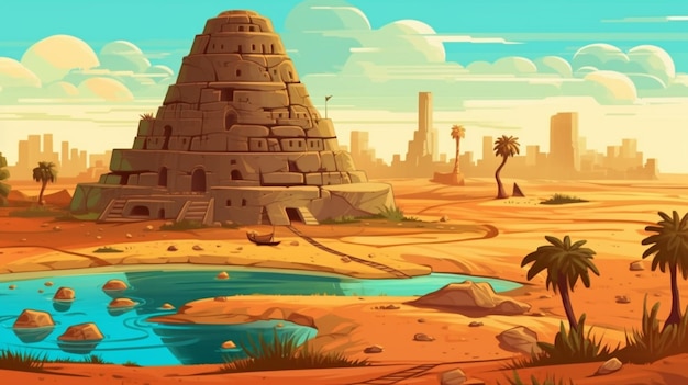 Una ilustración de dibujos animados de un paisaje desértico con una pirámide y un pequeño estanque generativo ai
