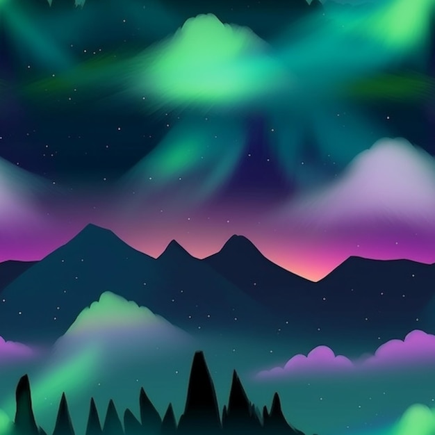 Una ilustración de dibujos animados de un paisaje de montaña con aurora generativa ai