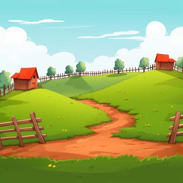 Foto ilustración de dibujos animados de un paisaje rural con un camino de tierra y una granja generativa ai