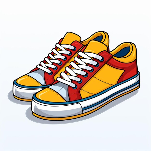 Ilustración de dibujos animados de un par de zapatillas de deporte con una parte superior generativa amarilla y roja