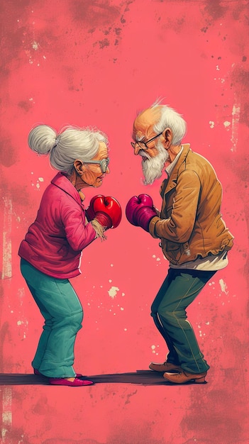 Foto ilustración de dibujos animados de una pareja de ancianos boxeando