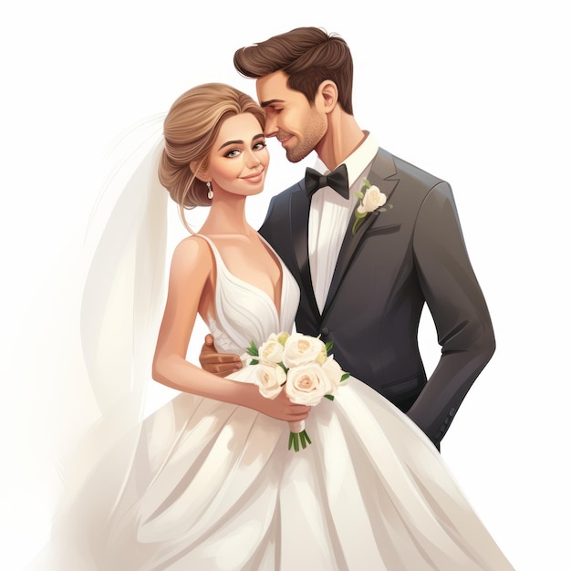 Ilustración de dibujos animados de una pareja de bodas de lujo con bordes limpios