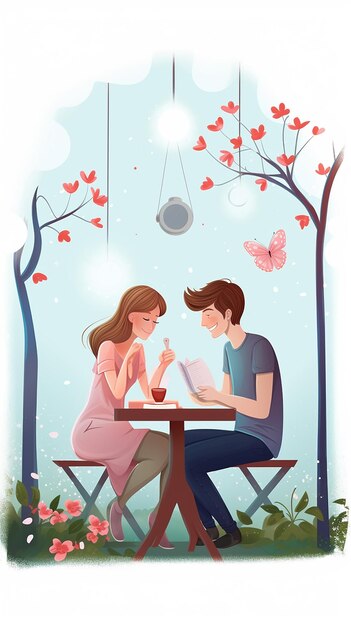 Foto ilustración de dibujos animados parejas enamoradas cena y citas