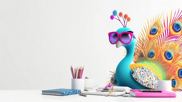 Foto una ilustración de dibujos animados de un pavo real sentado en un escritorio el pavo real lleva gafas de sol y tiene un patrón floral en sus plumas