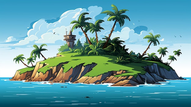 Foto ilustración de dibujos animados de una pequeña isla con palmeras y un faro generativo ai
