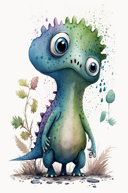 Ilustración de dibujos animados de un pequeño dinosaurio lindo con ojos grandes