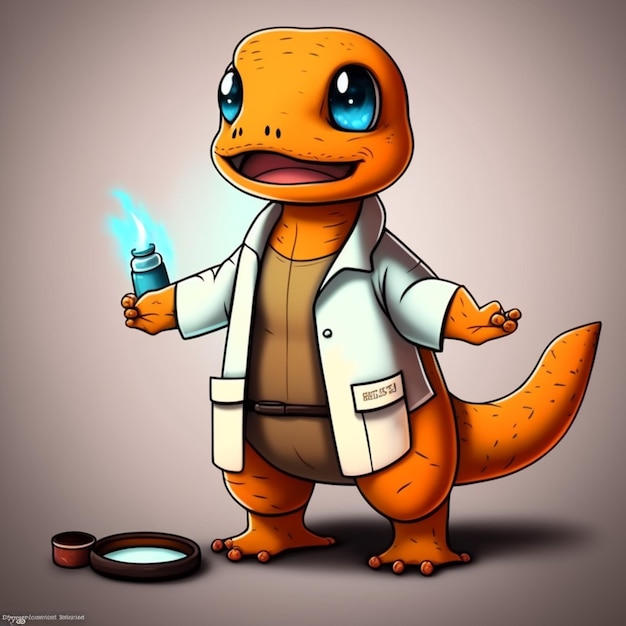 Ilustración de dibujos animados de un pequeño dinosaurio lindo vestido con una bata de laboratorio
