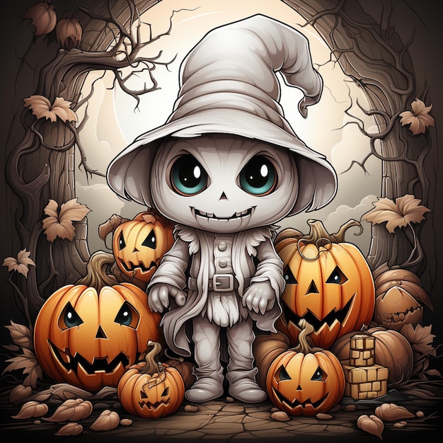 Ilustración de dibujos animados de un pequeño esqueleto vestido como una bruja con calabazas