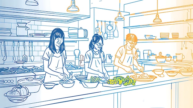 una ilustración de dibujos animados de personas cocinando en una cocina