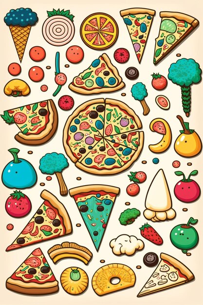 Foto una ilustración de dibujos animados de pizza y otros alimentos.