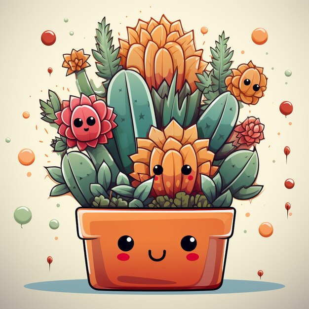 Foto ilustración de dibujos animados de una planta en maceta con cara y flores ai generativo