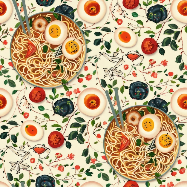 una ilustración de dibujos animados de un plato de fideos, frutas y verduras