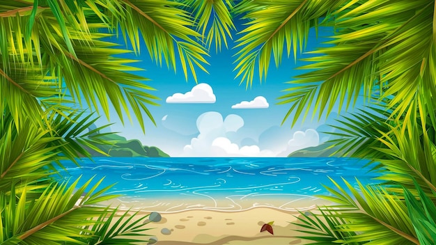 una ilustración de dibujos animados de una playa con palmeras y una escena de playa
