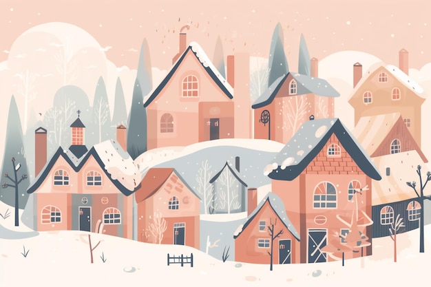 Una ilustración de dibujos animados de un pueblo nevado con un paisaje nevado.