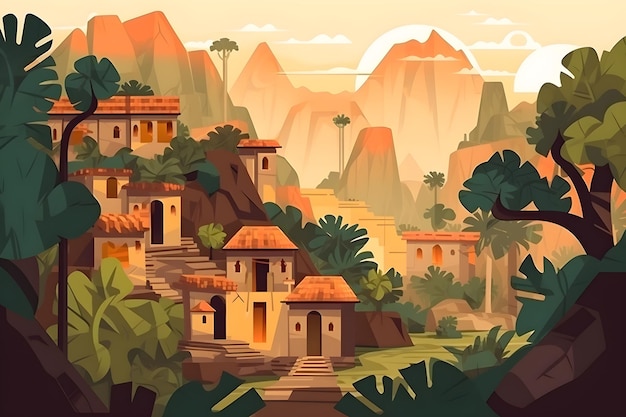 Una ilustración de dibujos animados de un pueblo sudamericano en las montañas