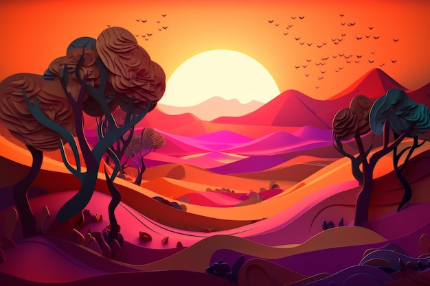 Una ilustración de dibujos animados de una puesta de sol con una puesta de sol en el fondo.