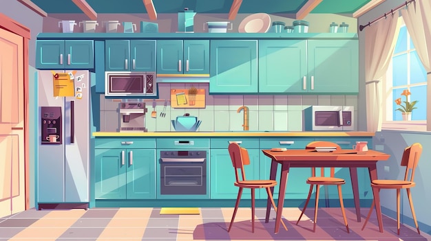 Ilustración de dibujos animados que muestra un interior de cocina con mesa de comedor de madera armarios azules un refrigerador con imán un microondas una estufa y una capucha de extracción
