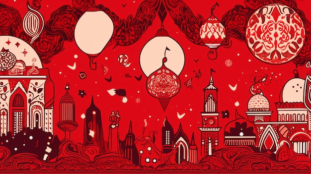 Ilustración de dibujos animados Ramadan Doodle en rojo