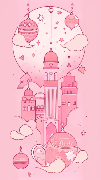 Ilustración de dibujos animados Ramadan Doodle en rosa