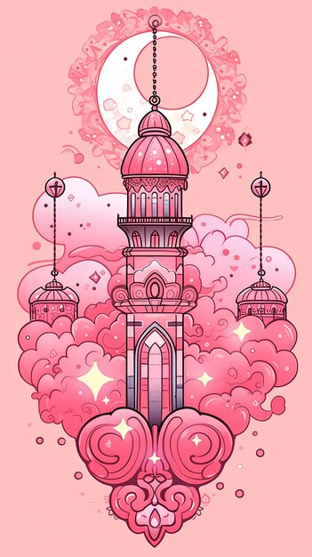 Ilustración de dibujos animados Ramadan Doodle en rosa