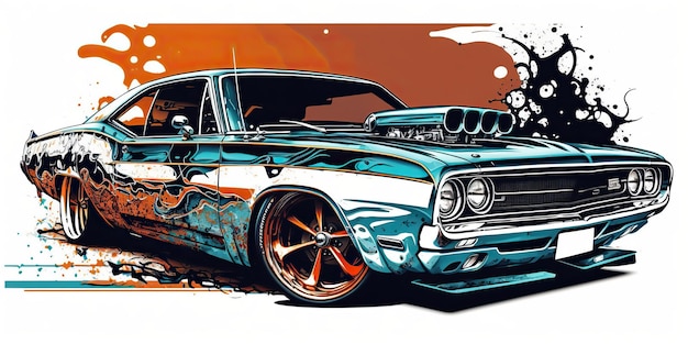 Ilustración de dibujos animados Realisitc generados por AI del mustang del coche del músculo sportcar en estilo retro vintage