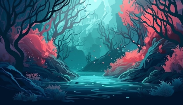 una ilustración de dibujos animados de un río en un bosque con árboles generativos ai