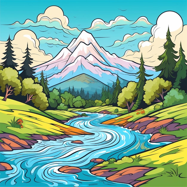 Ilustración de dibujos animados de un río de montaña que fluye a través de un valle generativo ai