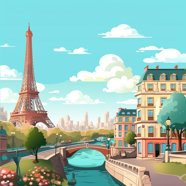 ilustración de dibujos animados de un río que atraviesa una ciudad con un puente generativo ai